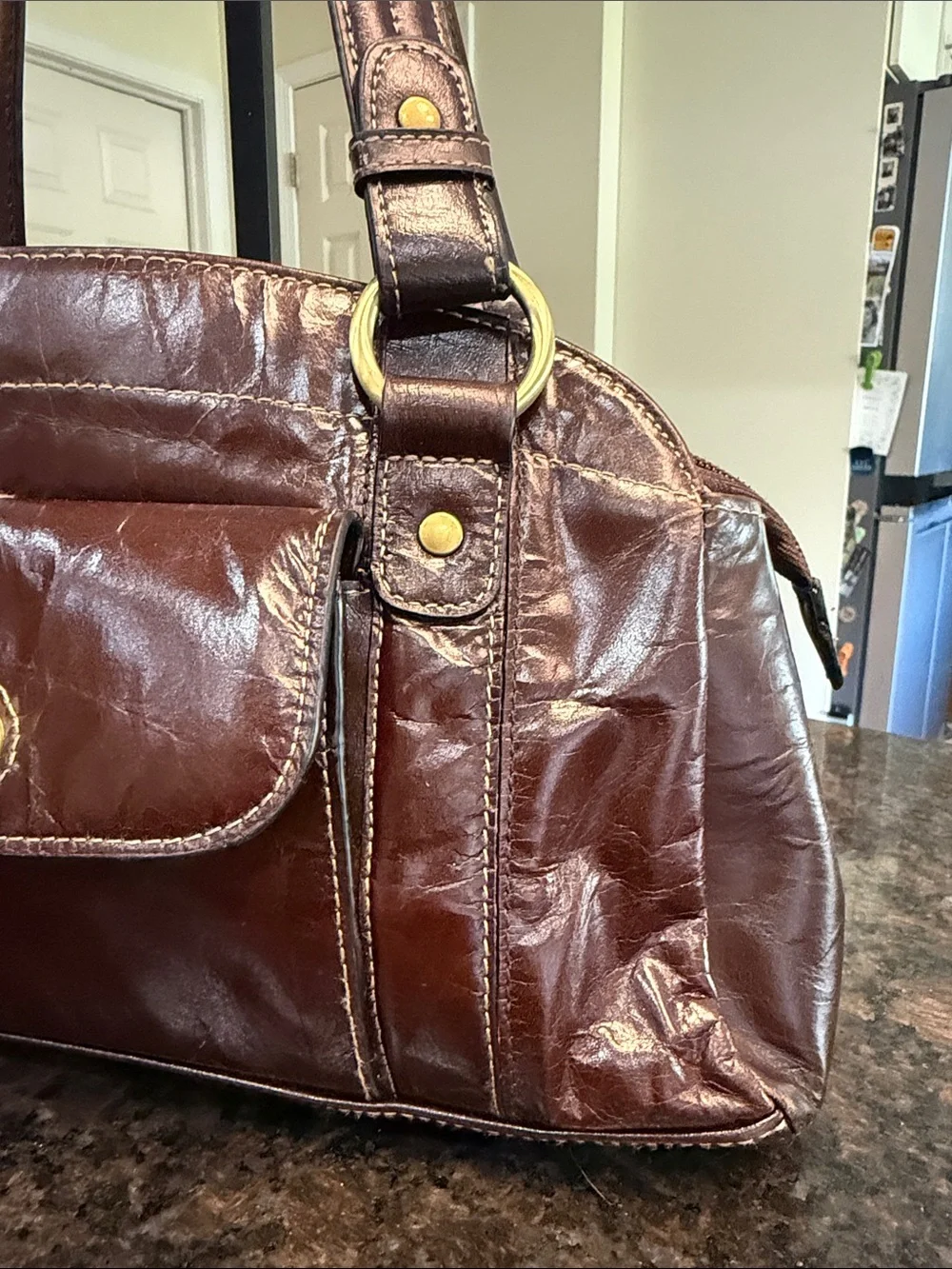 Vintage Apt. 9 Glossy Brown Dome Satchel Bag with Vintage Scarf Accent